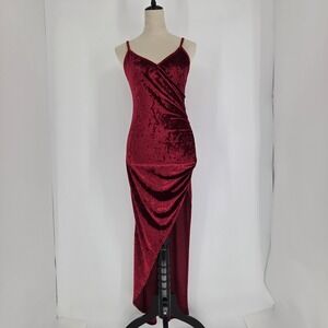 Women Ruched High Slit Velvet Maxi Dress Medium Party Whimsigoth Festive Red 90s